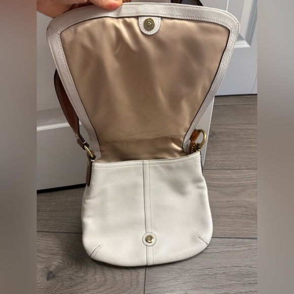 Coach - Cream Pebbled Leather Crossbody w/ Brass Buckle Flap & Brown Strap - Picture 2 of 5